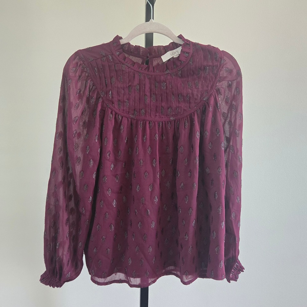 Loft Womens Burgundy Metallic Clip Dot Ruffle Neck Blouse Top S NWT Romantic